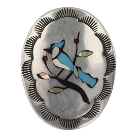 Vintage Zuni Turquoise Coral & Mother of Pearl Pin / Pendant