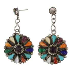 Phyllis Coonsis Zuni Turquoise Spiny Oyster Malachite Lapis & Mother of Pearl Multi Color Earrings