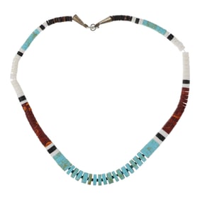 Santa Domingo Pueblo Turquoise Mother of Pearl & Shell Graduated Heishi Necklace