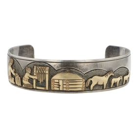 Jacob Kahe Navajo Sterling Silver & 12K Gold Filled Story Teller Cuff Bracelet