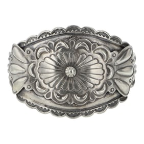 Mark Yazzie Navajo Plain Silver Intricate Stamp-Work Cuff Bracelet