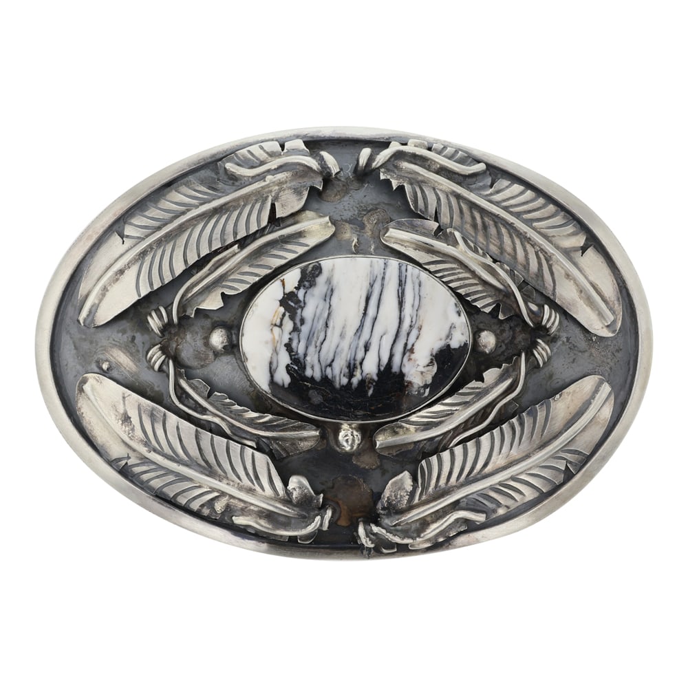 Kobe Martinez Navajo White Buffalo Belt Buckle: Sterling Silver | Genuine White Buffalo | Kobe Martinez Navajo White Buffalo Belt Buckle | Navajo Native American Southwest Indian Jewelry | Good (no breaks or damages) | Approximate Weight: 80 Grams 