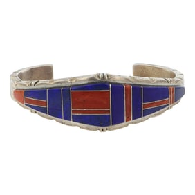 Vintage Navajo Lapis & Coral Inlay Cuff bracelet