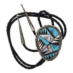 Zuni Turquoise Acoma Jet Shell & Mother of Pearl Inlay Bolo Tie