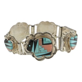 Oscar Alexius Navajo Turquoise Coral Acoma Jet Inlay Link Bracelet