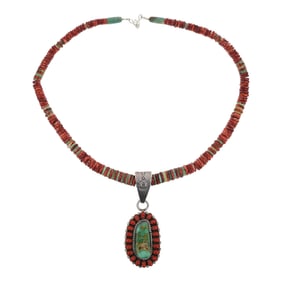 Ernest Roy Begay Navajo Royston Turquoise & Mediterranean Coral Pendant ON Turquoise & Spiny Oyster
