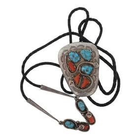 Effie Calavasa (Effie C) Vintage Zuni Turquoise & Coral Bolo Tie