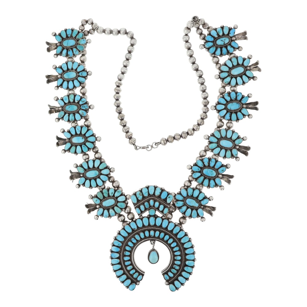 Vintage Navajo Kingman Turquoise Large Cluster Squash Blossom Necklace (1 of 4)