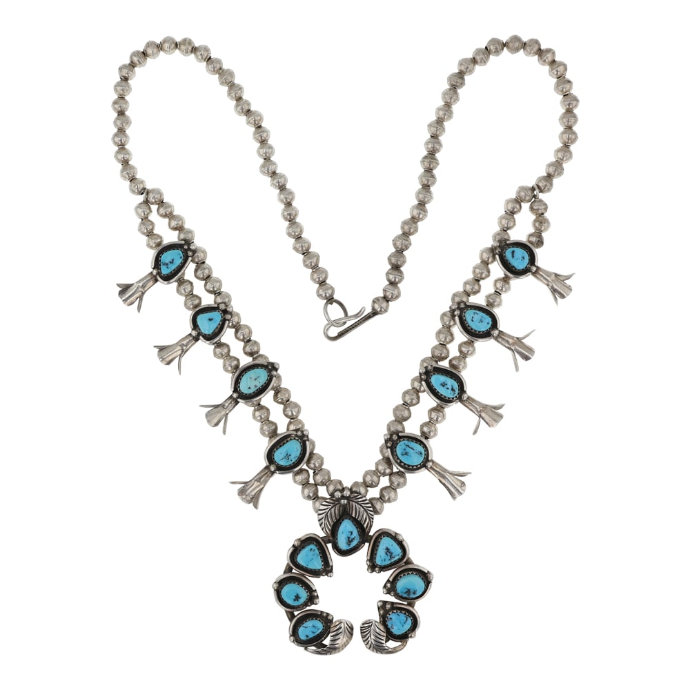 Vintage Navajo Sleeping Beauty Nugget Turquoise Small Squash Blossom Necklace (1 of 3)