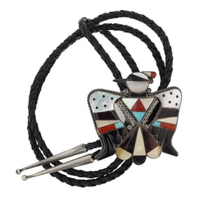 Bobby & Corraine Shack Zuni Turquoise Coral Acoma Jet Mother of Pearl & Shell Inlay Thunderbird Bolo