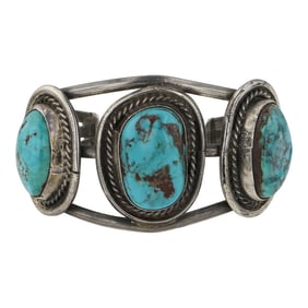 Vintage Navajo Nevada Turquoise Three Stone Cuff Bracelet