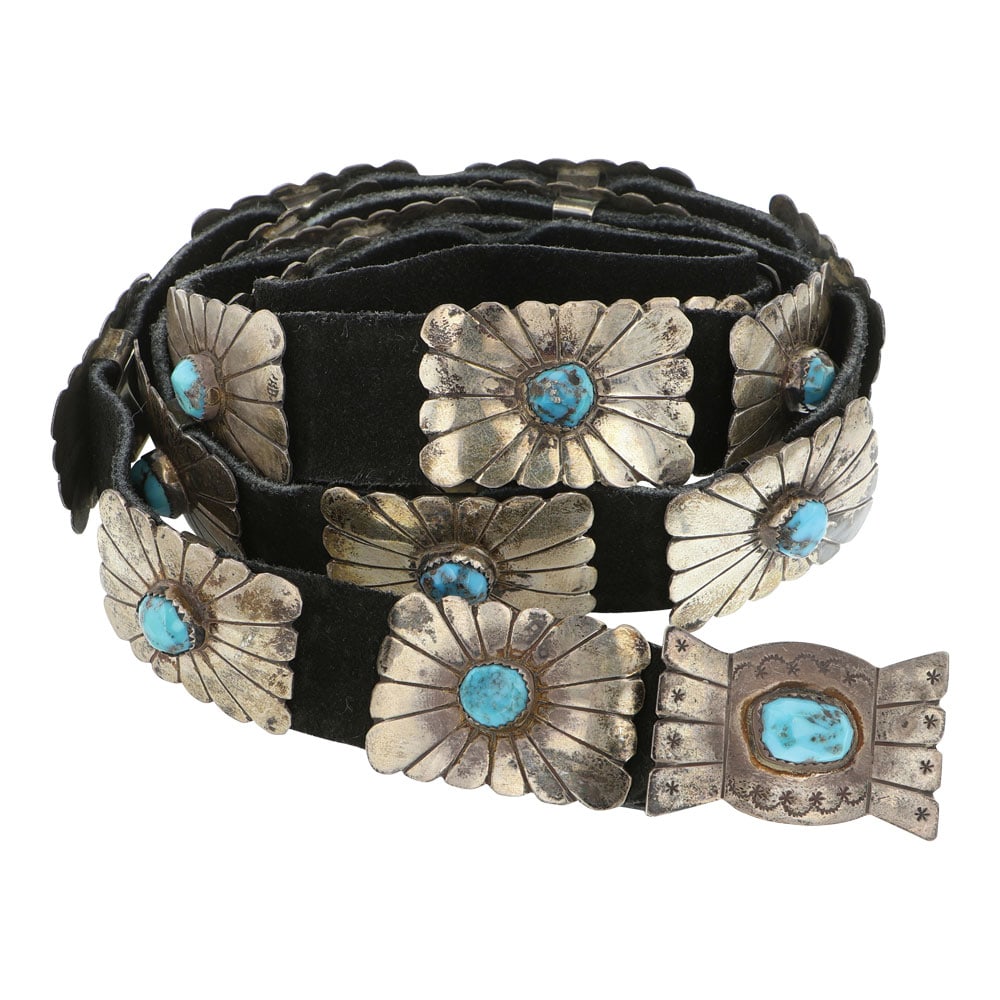 Vintage Navajo Kingman Turquoise Small Concho Belt: Sterling Silver | Genuine Kingman Turquoise | Vintage Navajo Kingman Turquoise Small Concho Belt | Navajo Native American Southwest Indian Jewelry | Good (no breaks or damages) | Approximate Weight: 1