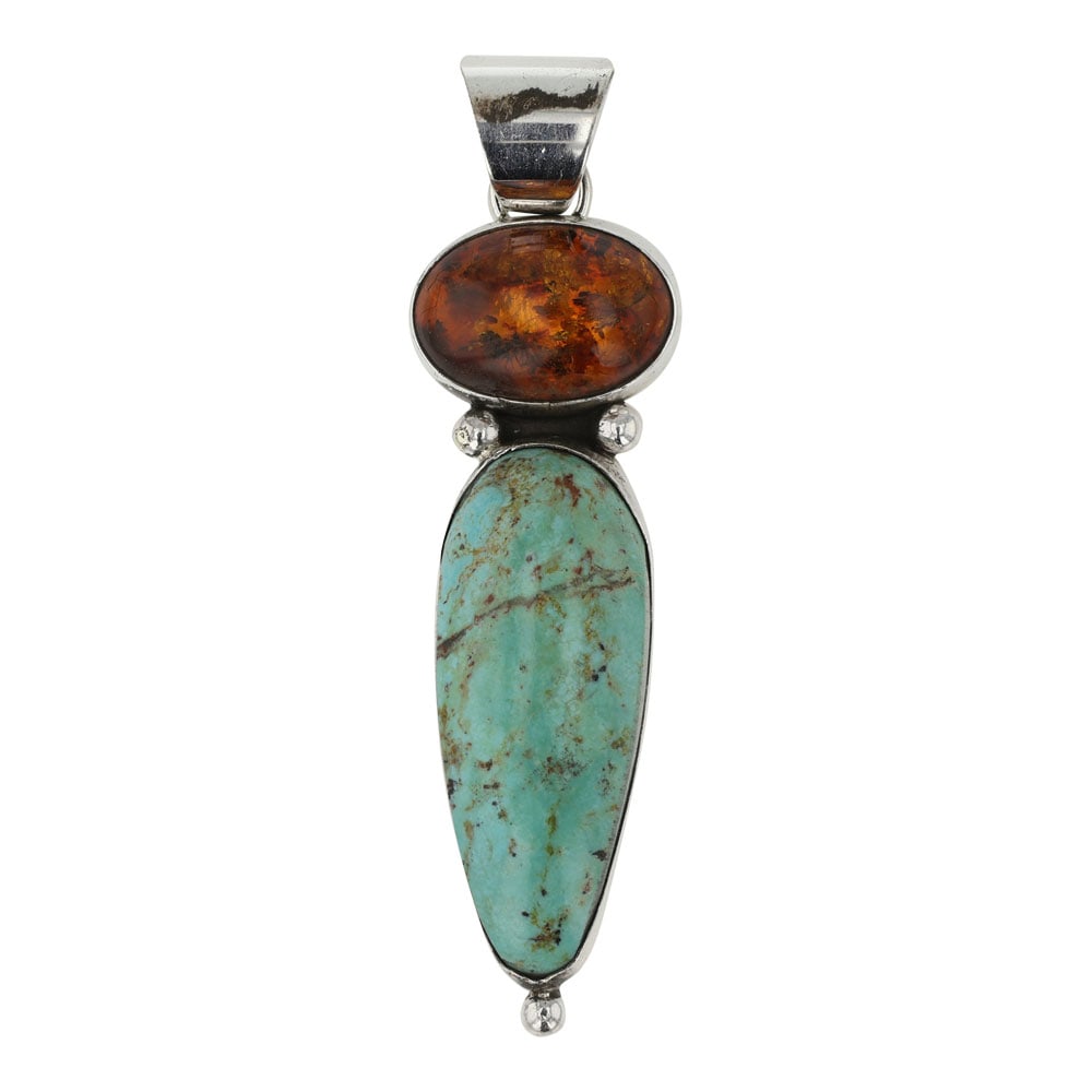 Navajo Turquoise & Amber Pendant: Sterling Silver | Genuine Turquoise & Amber | Navajo Turquoise & Amber Pendant | Navajo Native American Southwest Indian Jewelry | Good (no breaks or damages) | Approximate Weight: 10 Grams | Pendant:
