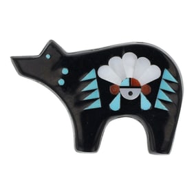 Zuni Turquoise Coral Mother of Pearl & Acoma Jet Inlay Bear Pin / Pendant