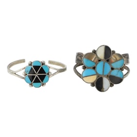 Vintage Zuni Acoma Jet & Shell Inlay baby Bracelet Lot of two