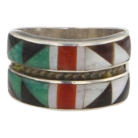 Vintage Zuni Turquoise Coral Mother of Pearl & Jet Inlay Ring