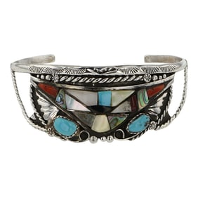 Zuni Turquoise Coral & Shell Inlay Cuff Bracelet