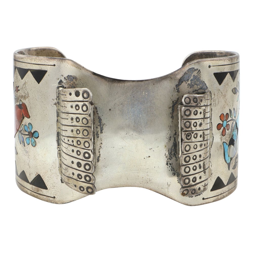 John B. Hawley Zuni Turquoise Coral Mother of Pearl & Shell Inlay Birds Watch Bracelet (1 of 4)