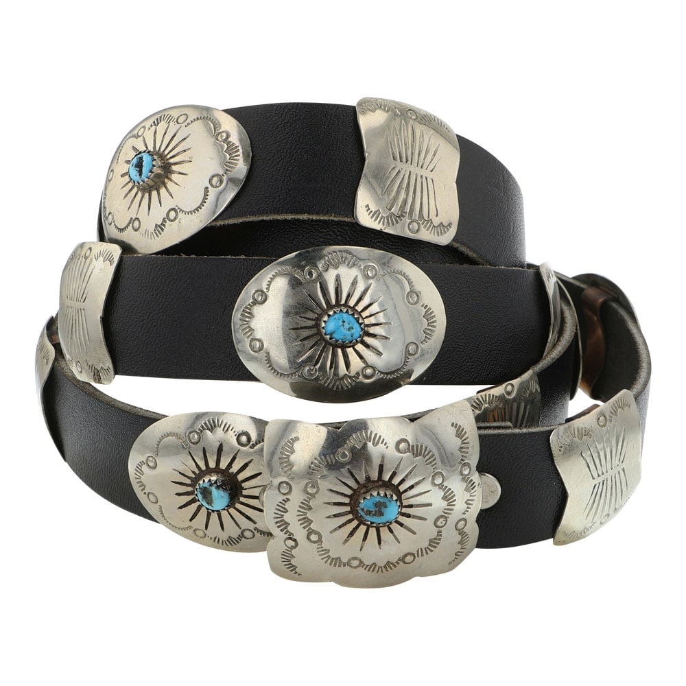 Vintage Navajo Kingman Turquoise Small Concho Belt: Sterling Silver | Genuine Kingman Turquoise | Vintage Navajo Kingman Turquoise Small Concho Belt | Navajo Native American Southwest Indian Jewelry | Good (no breaks or damages) | Approximate Weight: 1
