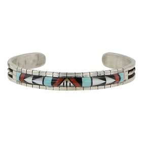 Zuni Turquoise Coral Mother of Pearl & Acoma Jet Inlay Cuff Bracelet