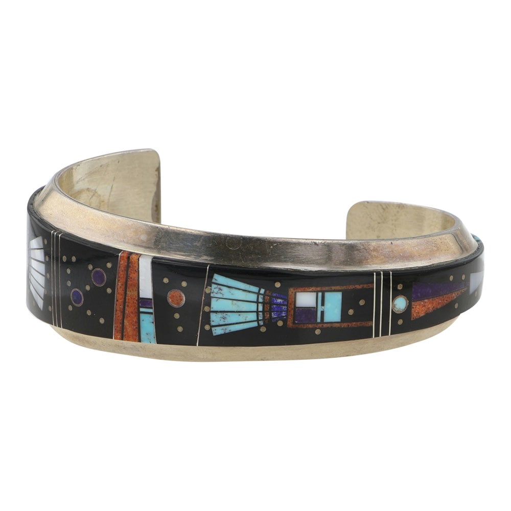 Clayton Tom Navajo Turquoise Coral Mother of Pearl Lapis & Acoma Jet Micro Inlay Cuff Bracelet (1 of 4)