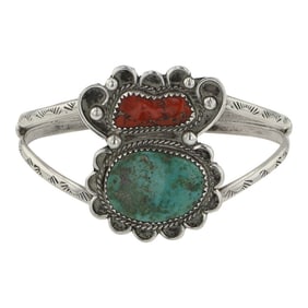 Navajo Turquoise & Coral Two Stone Cuff Bracelet