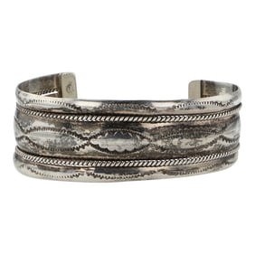 Vintage Navajo Plain Silver Stamp-Work Cuff Bracelet