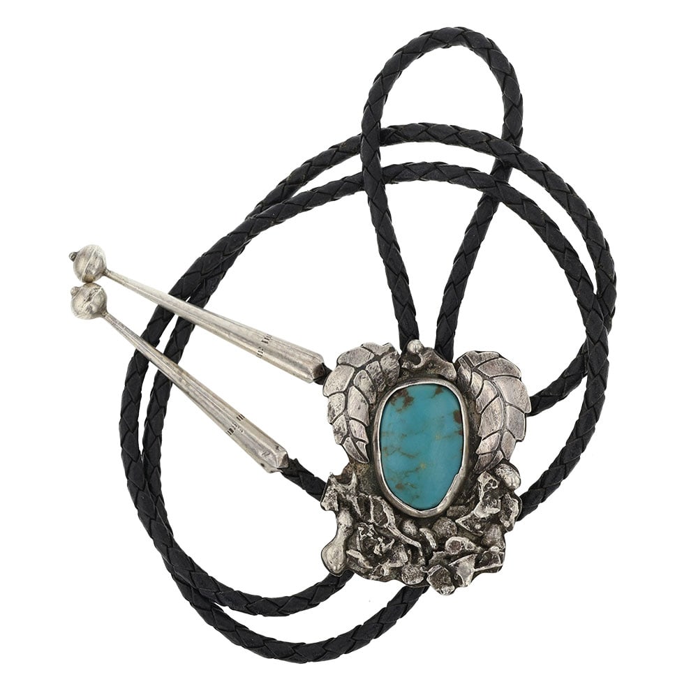 Navajo Compitos Turquoise Bolo Tie: Sterling Silver | Genuine Compitos Turquoise | Navajo Compitos Turquoise Bolo Tie | Navajo Native American Southwest Indian Jewelry | Good (no breaks or damages) | Approximate Weight: 45 Grams | Bolo 