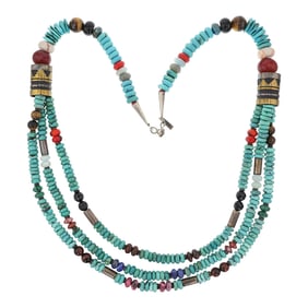 Thomas Singer (Tommy Singer 1940-2014) Navajo Turquoise Tiger's Eye Black Onyx Agate Lapis Necklace