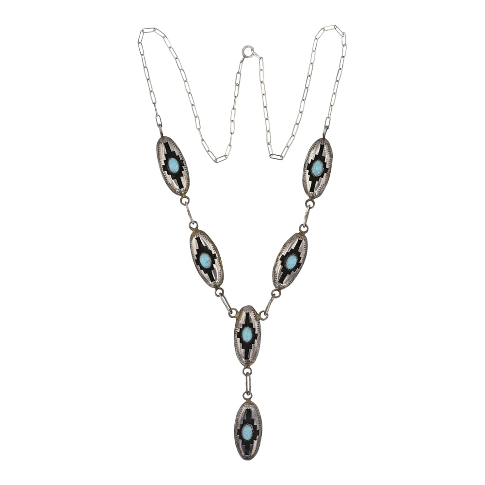 Navajo Synthetic Opal Shadowbox necklace: Sterling Silver | Synthetic Opal | Navajo Synthetic Opal Shadowbox necklace | Navajo Native American Southwest Indian Jewelry | Good (no breaks or damages) | Approximate Weight: 8 Grams | Necklace: 16