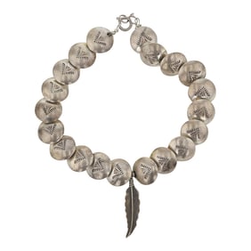 Vintage Navajo Plain Silver Pillow Beads & Feather Bracelet