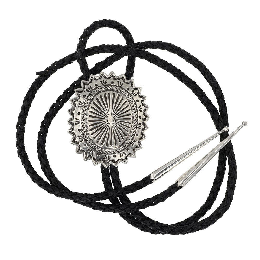 Navajo Plain Silver Stamp-Work Bolo Tie: Sterling Silver | | Navajo Plain Silver Stamp-Work Bolo Tie | Navajo Native American Southwest Indian Jewelry | Good (no breaks or damages) | Approximate Weight: 34 Grams | Bolo Tie: 22" length, 2" x 