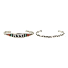 Navajo & Zuni Turquoise Coral & Jet & Mother of Pearl Inlay Baby Bracelet Lot of Two