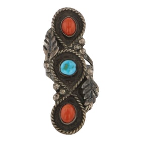 Vintage Navajo Turquoise & Coral Three Stone Ring