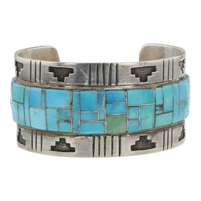 Ben Boyd Navajo Kingman Turquoise Inlay Wide Cuff Bracelet