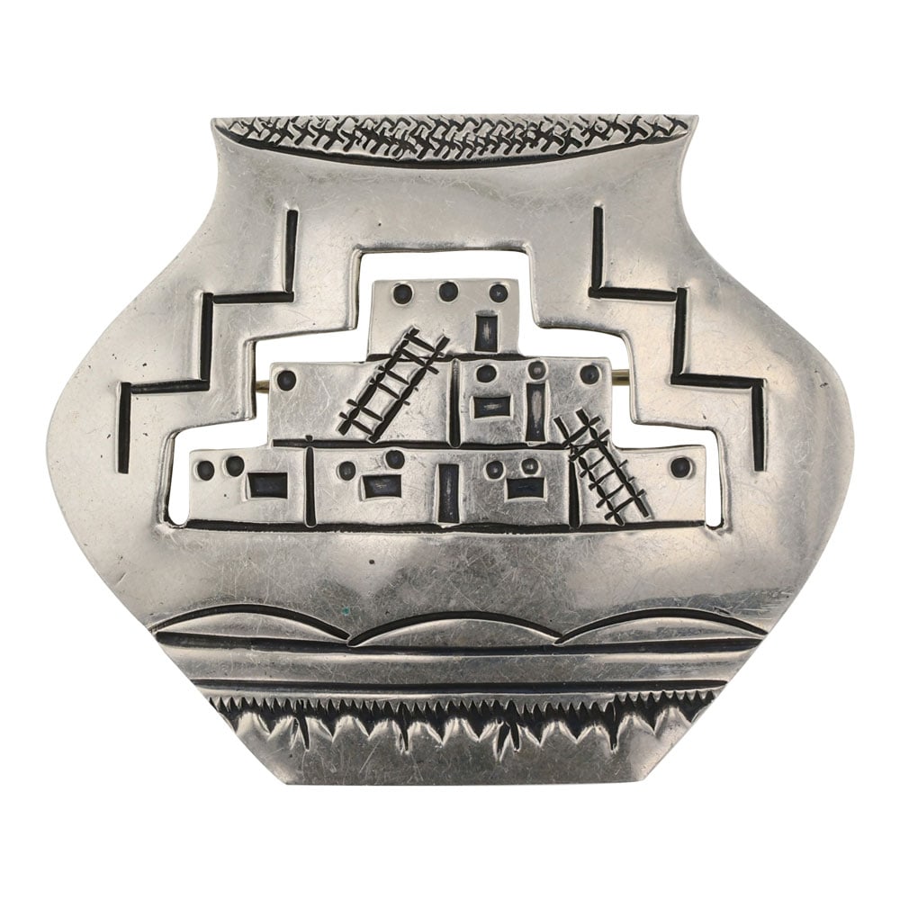 Joe Delgarito Navajo Plain Silver Story Teller Pin: Sterling Silver | | Joe Delgarito Navajo Plain Silver Story Teller Pin | Navajo Native American Southwest Indian Jewelry | Good (no breaks or damages) | Approximate Weight: 10 Grams | Pin: 1.75" x 1.5