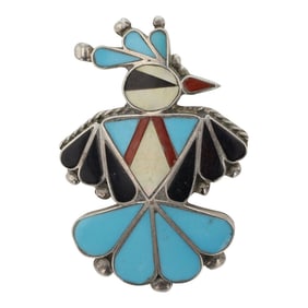 Vintage Zuni Turquoise Coral & Shell Inlay Thunderbird Pin & Pendant