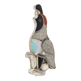 Zuni Turquoise Coral Mother of Pearl & Shell Inlay Quail Pin & Pendant