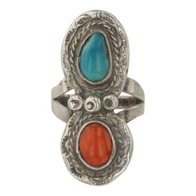 Vintage Navajo Turquoise & Coral Ring