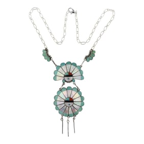 Zuni Turquoise Coral & Mother of Pearl Inlay Necklace