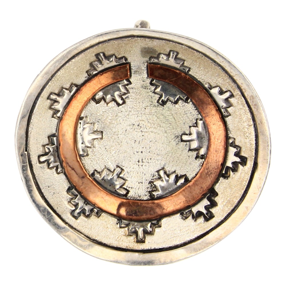 Navajo Sterling Silver & Copper Basket Pin / Pendant: Sterling Silver | | Navajo Sterling Silver & Copper Basket Pin / Pendant | Navajo Sterling Silver & Copper Basket Pin / Pendant | Good (no breaks or damages) | Approximate Weight: 7 Grams | Dimensions