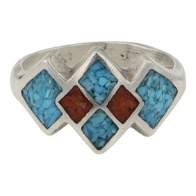 Navajo Turquoise & Coral Chip Inlay