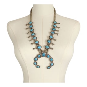 Vintage Navajo Kingman Turquoise Squash Blossom Necklace