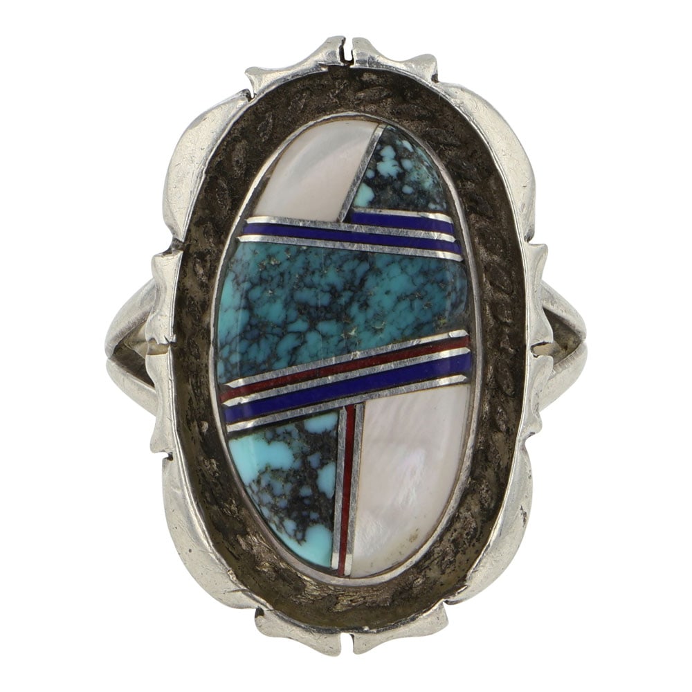 Navajo Turquoise Coral Lapis & Mother of Pearl Inlay Ring: Sterling Silver | Genuine Turquoise, Coral, Lapis & Mother of Pearl | Navajo Turquoise Coral Lapis & Mother of Pearl Inlay Ring | Navajo Native American Southwest Indian Jewelry | Good (no breaks or d
