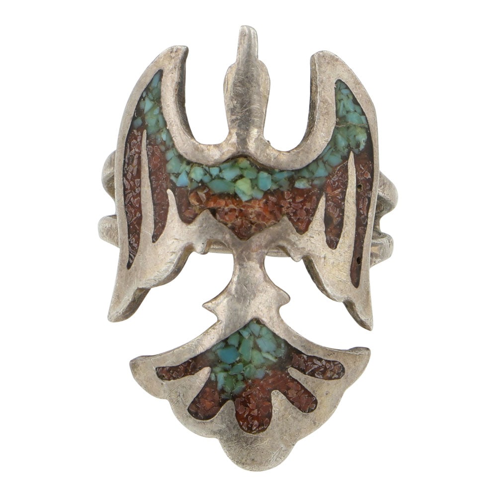 Vintage Navajo Turquoise & Coral Chip Inlay Peyote Bird Ring: Sterling Silver | Genuine Turquoise & Coral | Vintage Navajo Turquoise & Coral Chip Inlay Peyote Bird Ring | Navajo Native American Southwest Indian Jewelry | Good (no breaks or damages) | Approximate