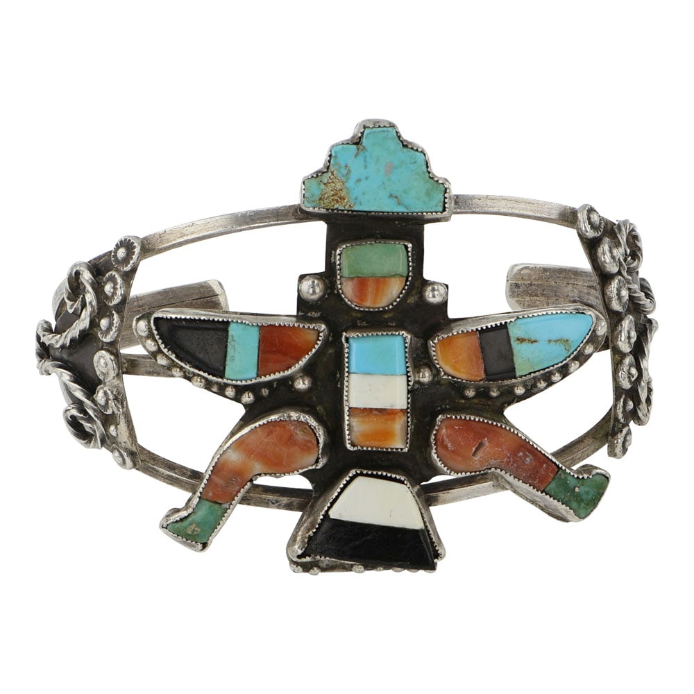 Vintage Zuni Turquoise Coral & Shell Inlay Knife Wing Dancer Cuff Bracelet (1 of 3)