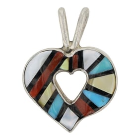 Zuni Turquoise Coral Mother of Pearl Acoma Jet & Shell Inlay Heart Pendant