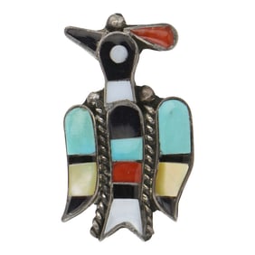 Vintage Zuni Turquoise Coral & Shell Inlay Pin