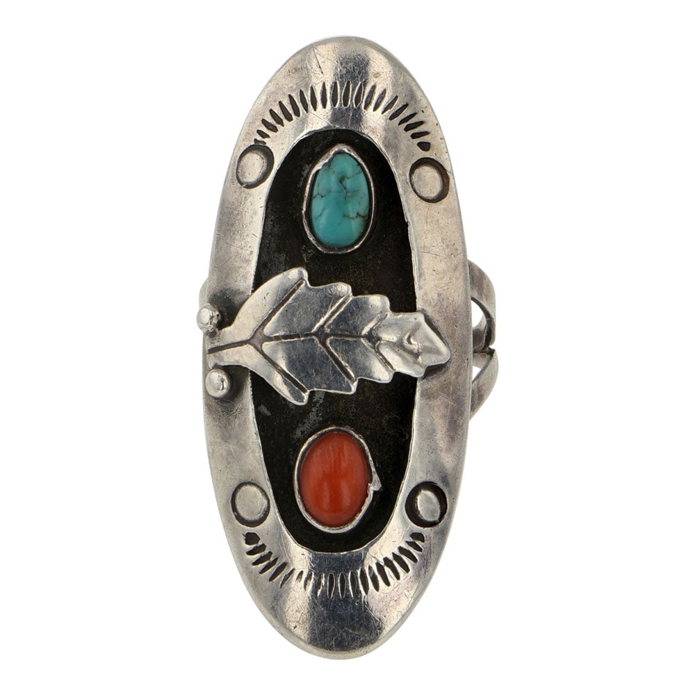 Vintage Navajo Turquoise & Coral Shadowbox Ring (1 of 3)