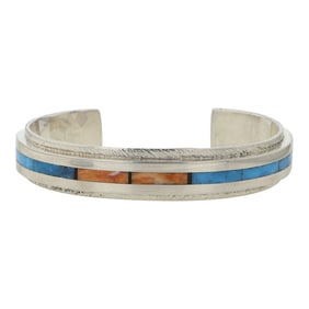 Timmy Yazzie Navajo & San Felipe Santa Domingo Turquoise & Spiny Oyster  Inlay Cuff Bracelet